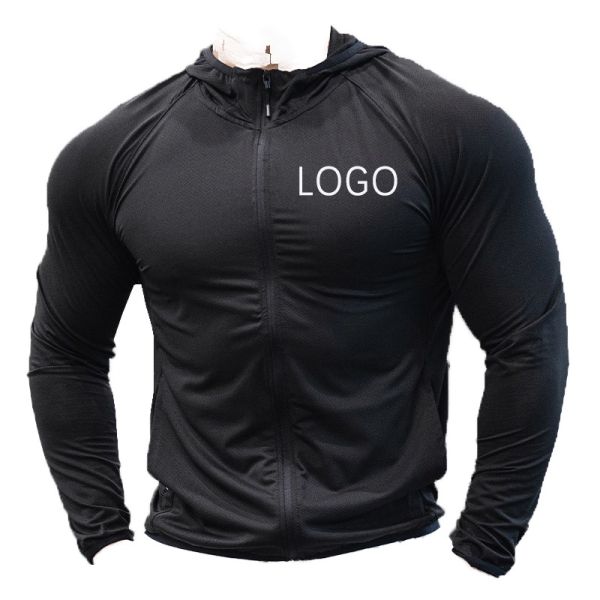 2026Hot Men's Hooded Full Zip-Up Gym Sports Jacket Breathable Light Track Workout Jacket with Plain Dyed Style