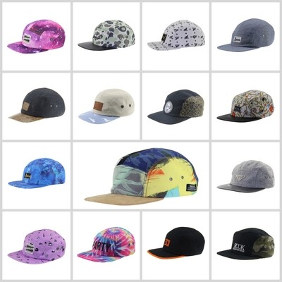 Denim Five Panel Camp Hat With Woven Label On The Front And Leather Strap