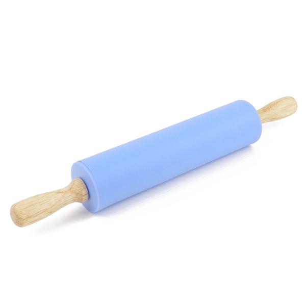 Safety FDA Food Grade Baking Tools Silicone Rolling Pin Non-stick Surface Wooden Handle (12 inch, Blue)