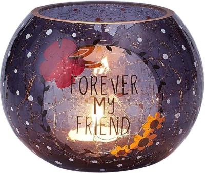 Unique Decorative Round Colored Cracked purple Glass Candle Holder with Decaling flower