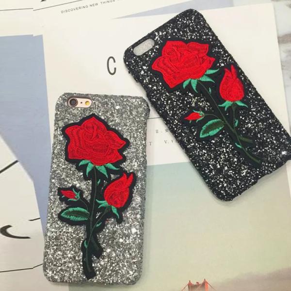 Sparkling Embroidery Roses Back Cover Cell Phone Case For iPhone 7 6s Plus