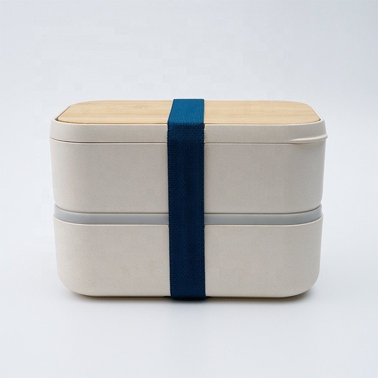 Double Layer Bamboo Fiber Lunch Box with Cutlery and Movable Divider Blue Pink