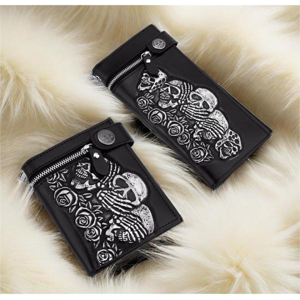 Fashionable Rose Skull Anti Theft Chain Strip Short and Long Wallet Leather Punk Wallet