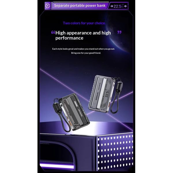 Fast Charging Detachable Battery Power Bank 22.5W 5000mAh Compact Portable Built in Cable Wired Mobile Charger