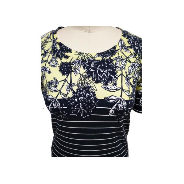 Ladies Casual Round Neck Shirt Shot Sleeves Allover Disperse Printing Stripe And Flowers