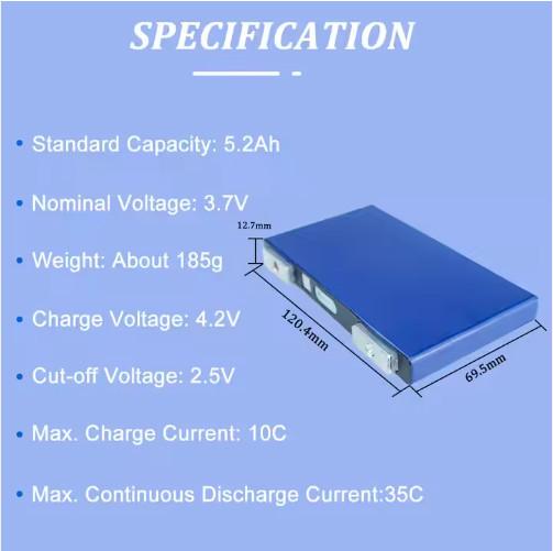 High charge 70C discharge Sunwoda prismatic 5.2Ah 3.7V NCM lithium battery Li-ion cell UAV Drone