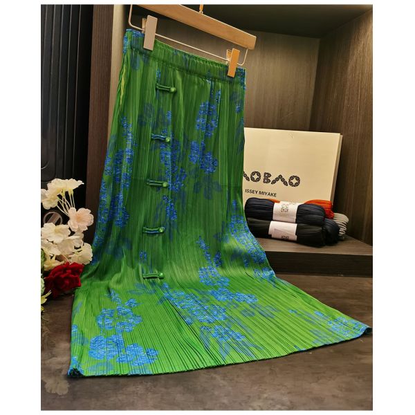 Original Design Pleated Chinese Style Disc Half Skirt 2024 Printed Pleated Skirt Wrap Slit Summer Skirt