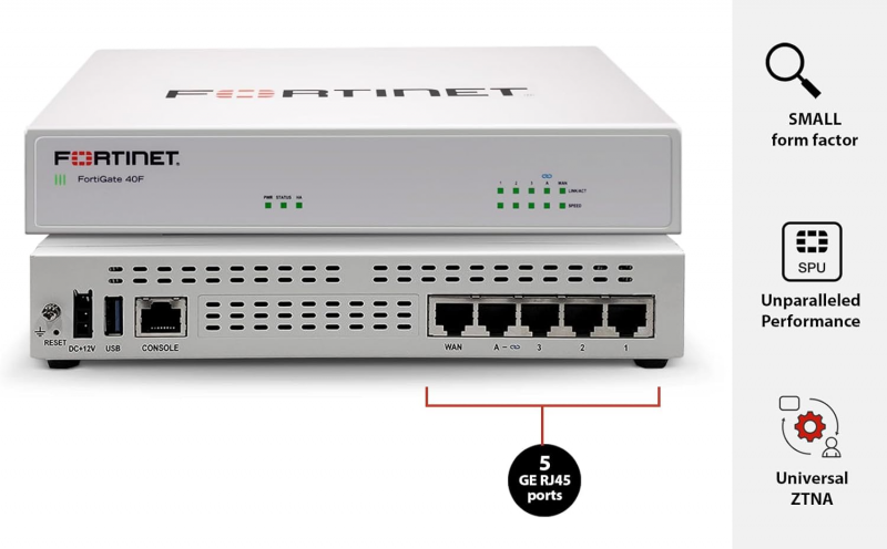 Fortinet Firewall Fortigate 5 X GE RJ45 Ports (including , 1 X WAN Port, 4 X Internal Ports) FG-40F