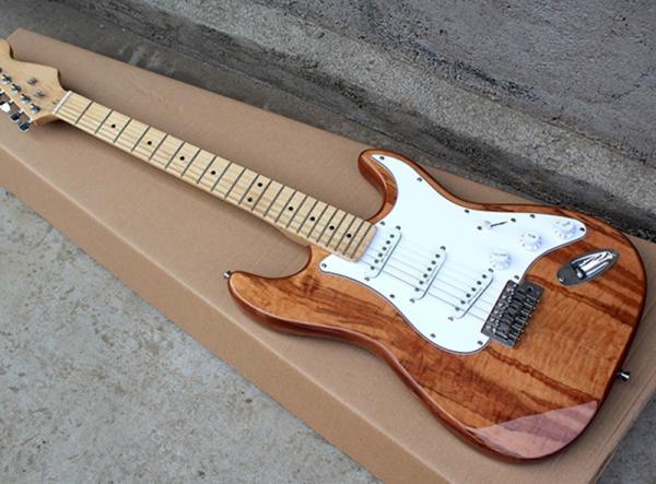 Natural Wood Mahagany Body Electric Guitar with SSS Pickup,White Pickguard,Maple Fingerboard