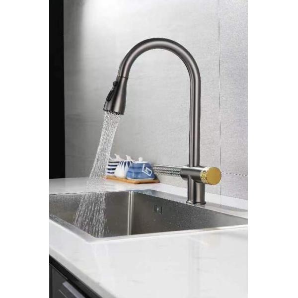 Deck Mounted Pull Out Kitchen Faucet with Spring and Brushed Stainless Steel Finish
