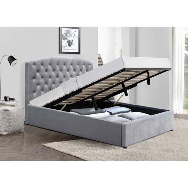 Кровать саней короля Размера Unadjustable Ткани Обивать Slatted кровати хранения подъема газа двойного