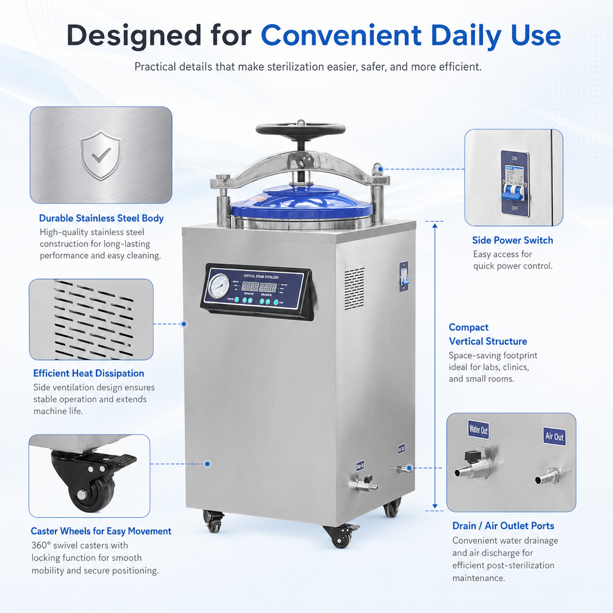 Cenlee Sample Preparation Lab Vertical Steam Sterilizer 116-134°C Microcomputer Control Stainless Steel Laboratory Autoclave
