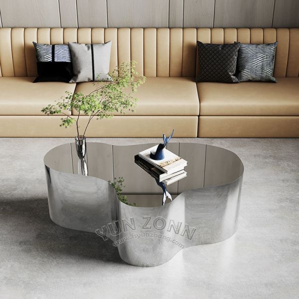 YunZonn Luxury Modern Stainless Steel Coffee Table High Quality Silvery Mirror Finish Unique Shape Home Hotel Living Room Bar