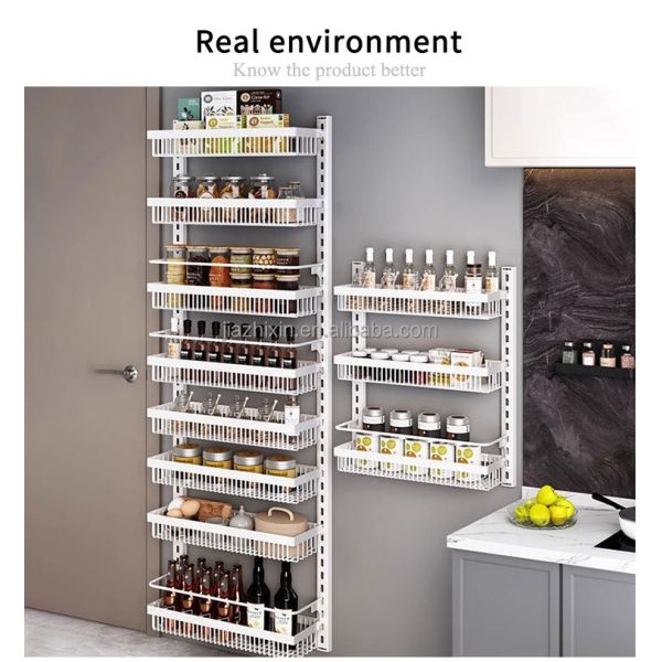 Multi-Function Metal Organizers Punch-Free Wall-Mounted Storage Rack with Adjustable Seasoning Basket for Kitchen Bathroom Doors