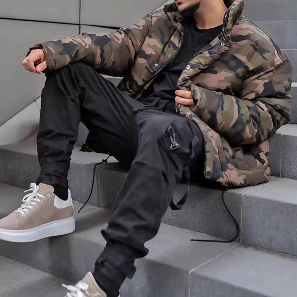 Nouveau produit Outdoor hiver unisexe Camouflage Cargo Pocket Puffer Puffer Jacket Front Front Bomber personnalisé Veste pour hommes