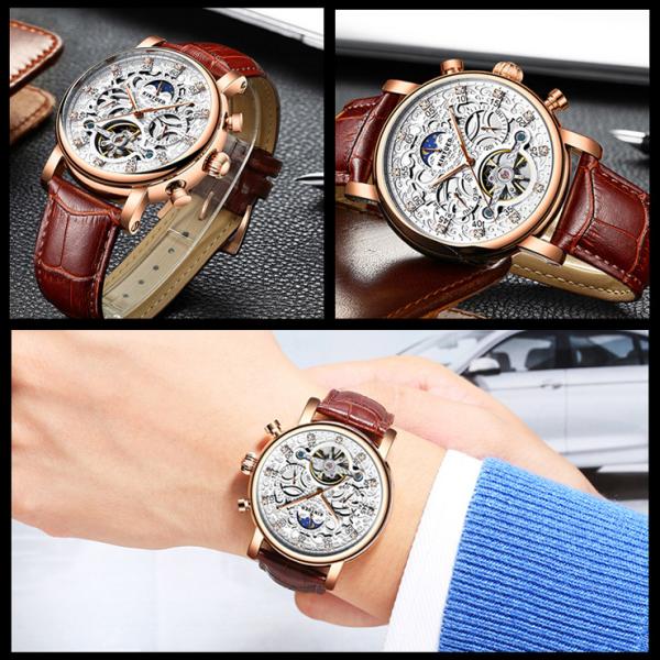 KINYUED Watch Leather Strap Tourbillon Skeleton Watches Men Luxury In Stock Automatic Mechanical Watch