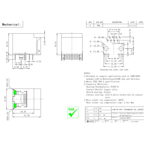 HFJV1-2450-L11RL к IPC всходит на борт вертикальной доски переключателя LPJD1011BFNL сети Rj45