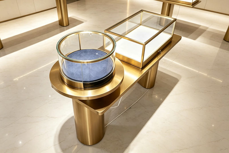 Modular Jewelry Showcase Table with Brushed Gold Metal Structure and LED Illumination for Luxury Boutiques