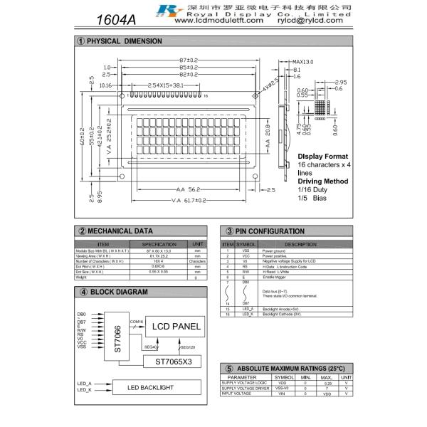 Controladores ST7065/ST7066 monocromático do módulo da exposição do LCD do caráter de STN FSTN 1604