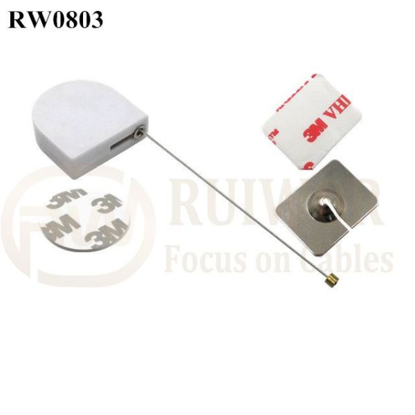 RW0803 D-Shaped Small Retractable Tether Plus With Rectangular Adhesive Metal Plate