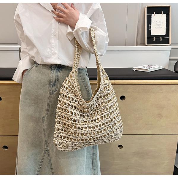 Bolsas Personalizadas Logo Bolsos De Paja Tejida Custom Raffia Clutch Woven Crochet Shoulder Women Handbags Beach Straw Bag Mesh Beach Bag Crochet Tote Bag Straw Crochet Purses for Women Raffia Tote
