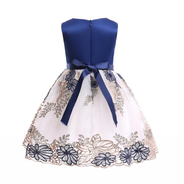 O-Neck Satin Girl Dress Embroidered Mesh Dress Dark Blue Pearl Necklace Dresses Disfraz Rapunzel Niña Enfant Girls Winte