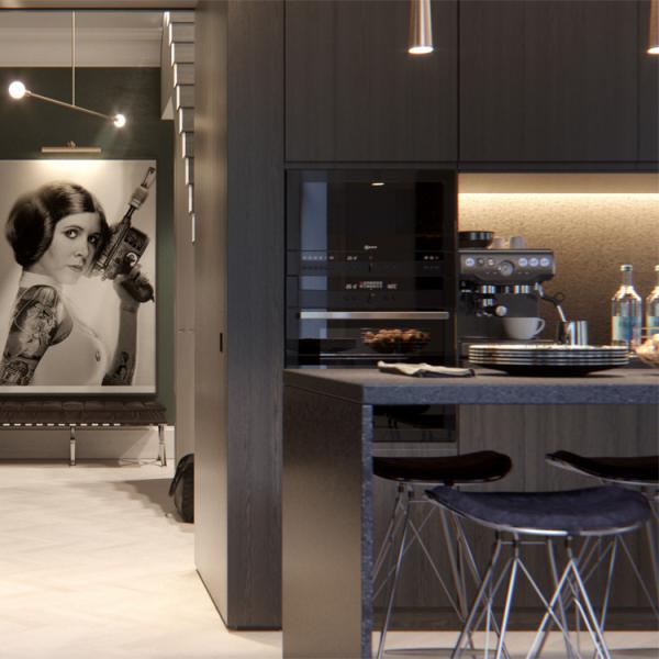 Estilo contemporâneo construído em uns armários de cozinha pretos do PVC dos armários de cozinha