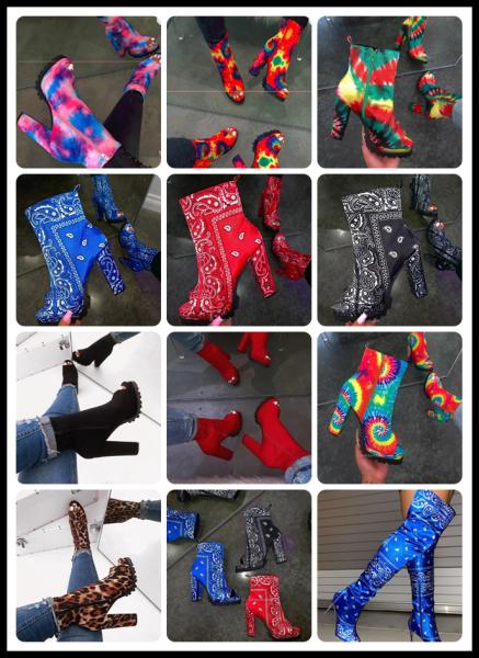Classic ethnic print 4inch Ladies High Heeled Boots Size11 open toe hip ankle