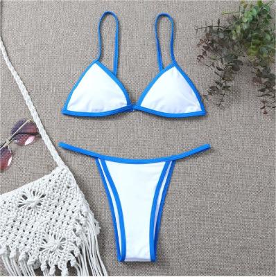 O impulso sexy do biquini que costura acima a forma transparente do roupa de banho rachou branco com linha azul tela quente do npolyamide da forma da borda