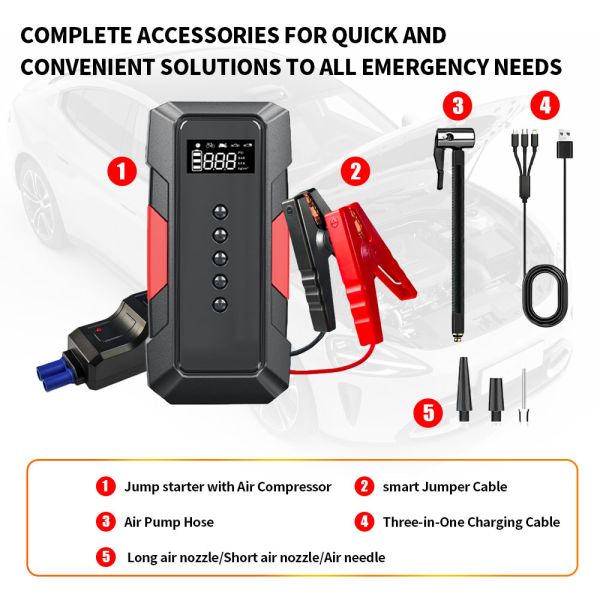 8000mAh Car Multi Functional Jump Starter 12V Car Emergency Start Power Supply With Air Compressor