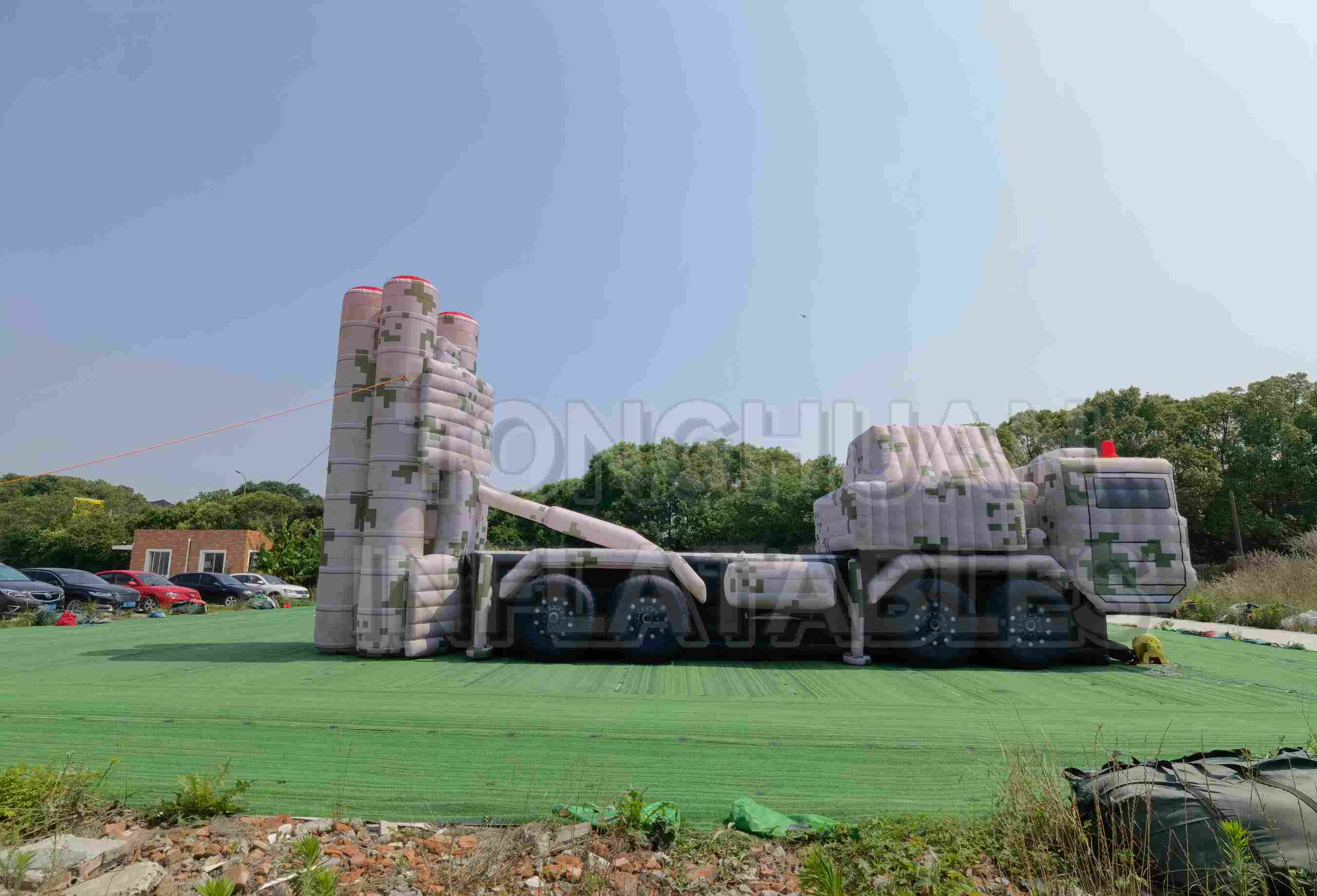 Custom Inflatable Launcher Vehicle Decoy with Vertical Canister Structures and Camouflage Truck Body for Training Displays and Outdoor Simulation Projects