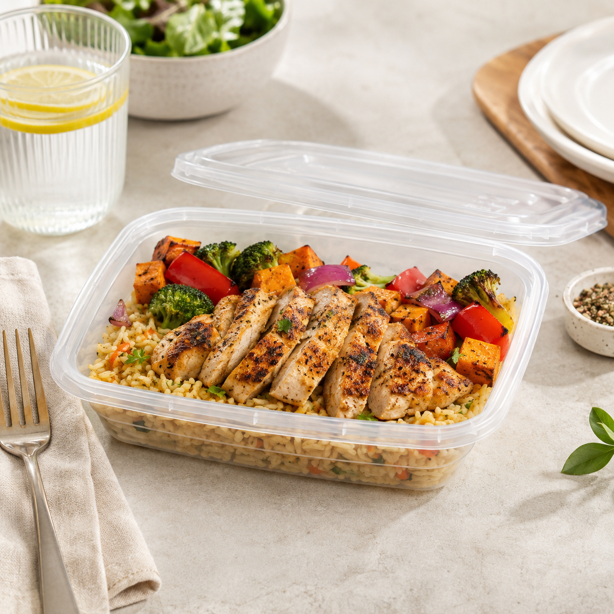 1000ml PP Square Food Trays Clear Meal Prep Tray Lidded for Takeaway