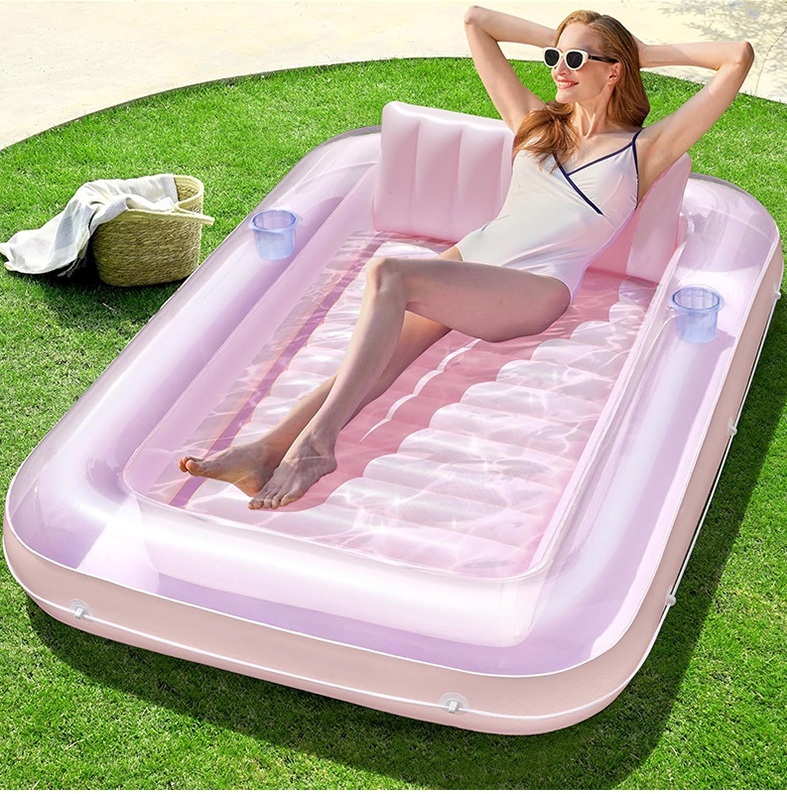 Inflatable Floating Raft with Cup Holder, Tanning Pool Lounge Chair, Beach Sunbathing Pool,  Inflatable Transparent Floating Bed