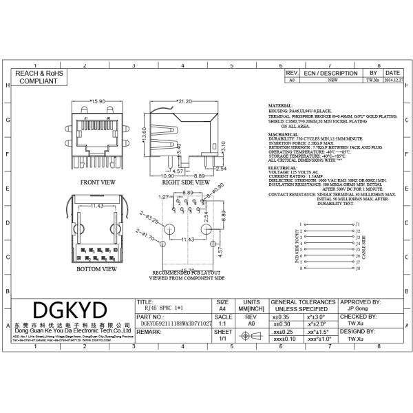 DGKYD59211118HWA3D7Y1027 10 штифтов Single Port TAB UP RJ45 модульный разъем с корпусом PA46