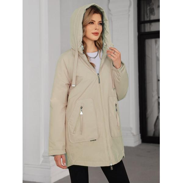 Woman Spring Autumn Coat with Polyester Lining Side Pockets and Adjustable Drawstrings for Casual Outerwear