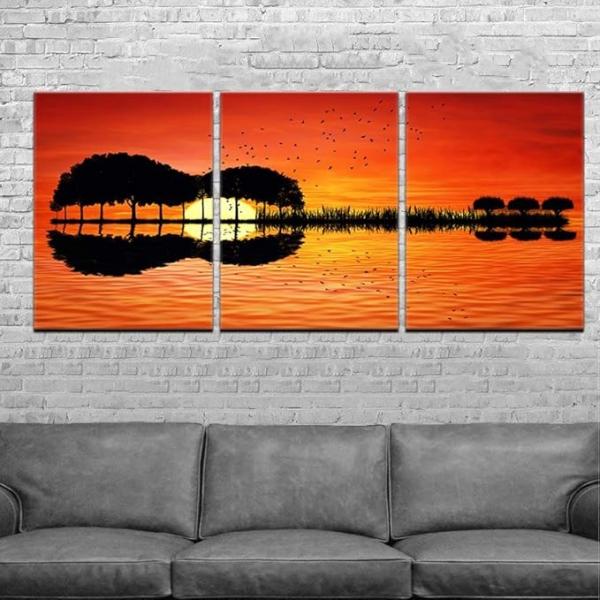 Urttiiyy 3 Panel Canvas Art Prints Music Abstract Guitar Tree Lake Sunset Art Painting