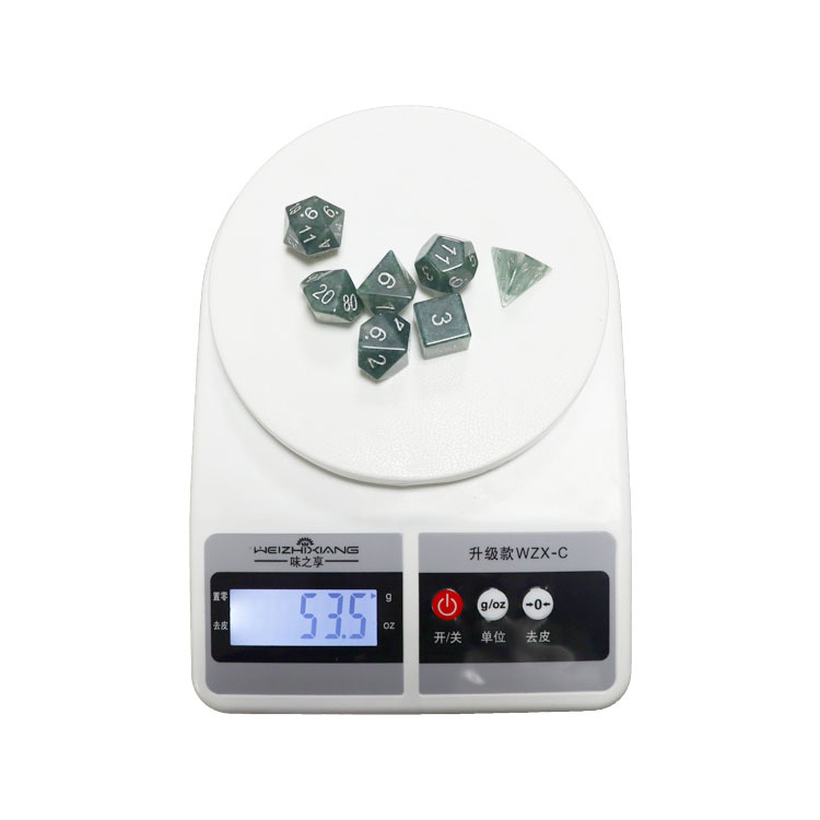 Natural Moss Agate Gemstone Polyhedral Dice Set - Hand Carved DND Dice with Silver Ink Engraved Numbers