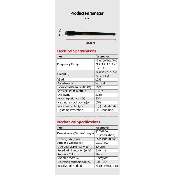 Antenna anti-drones de fibra de vidrio a prueba de agua para exteriores Conector de entrada N/F 35 mm de diámetro