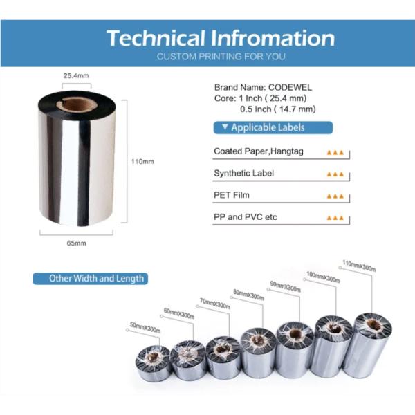 Custom 33mm -110mm Wax Resin Ribbon for Zerba Label Sticker Printer Card Slot Included