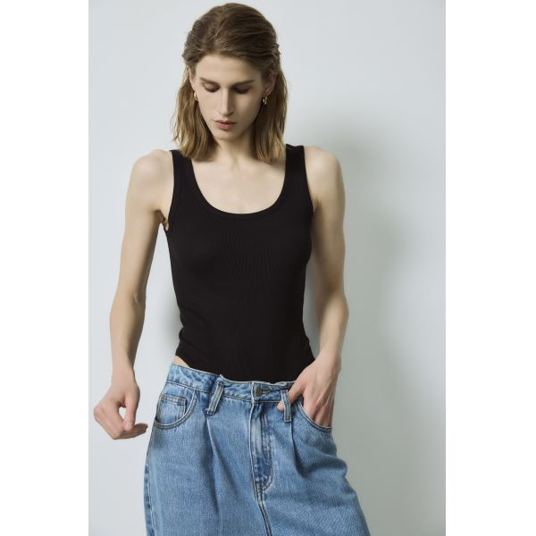 Custom Black Ribbed Bodysuit High Waist Wide Leg Denim Jeans Two Piece