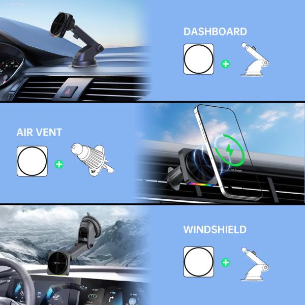 QI2 15w Wireless Charger With Black Technology Sound Pickup And Ambient Light For Car Phone Holder