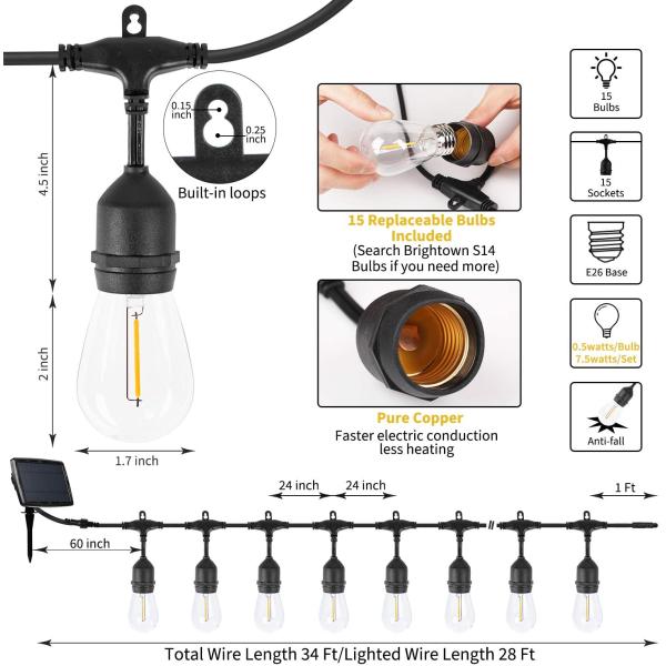 Солнечная электрическая лампочка S14 шнурует светлые электрические лампочки патио 34Ft безосколочные