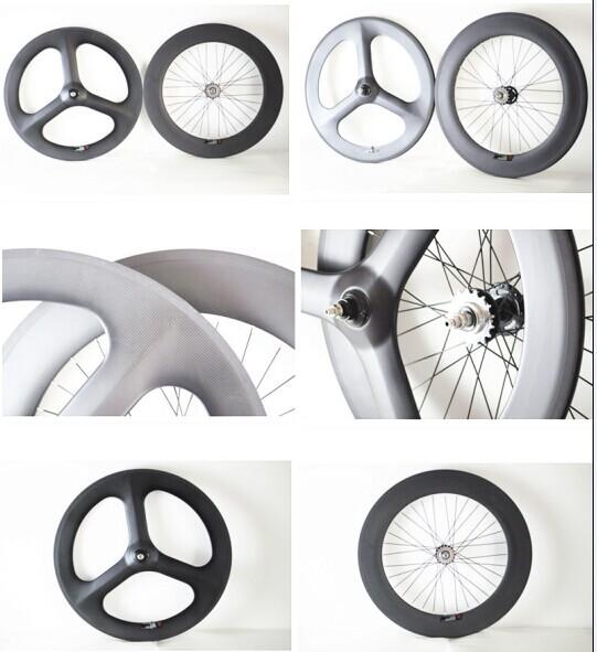 New 700c 3k/UD  glossy front tri-spokes&88rear carbon clincher wheelsets for track bike
