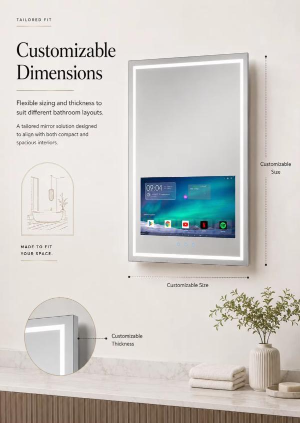Kingstin Premium Frameless HD Glass LED TV Mirror for Bathroom, Smart App Touch Screen, 100% Customized Sizes