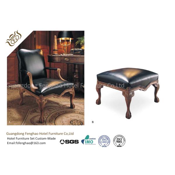 Black Leather Lounge Chair With Ottoman Wood / Metal Frame Wingback