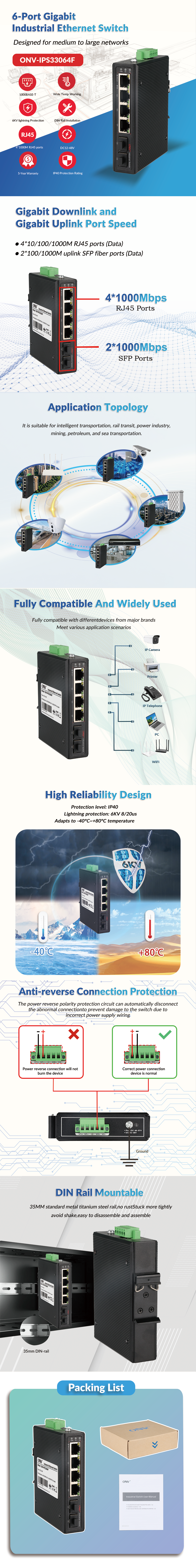 6 Port Gigabit Industrial Ethernet Switch With SFP Fiber Ports Fanless Cooling Design