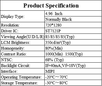 CTP Touch Screen HD IPS PDA TFT Display Screen 4.96 Inch 350cd/M2 Luminance