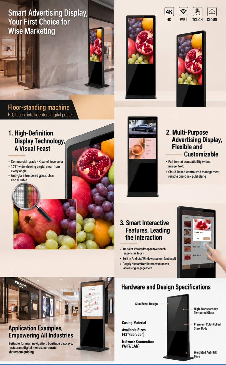 43 Inch Floor Standing Totem Android Advertising Player Smart Screen Kiosk LCD Signage Display