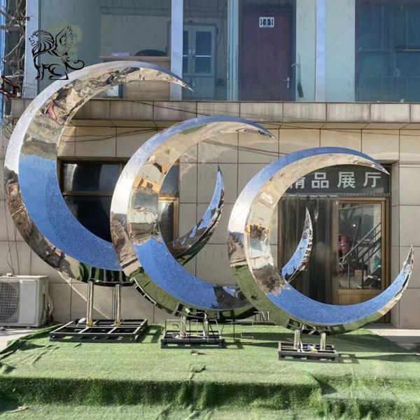 Abstract Mirror Moon Stainless Steel Sculpture Light Modern Home Design Waterscape Metal Statue Large Outdoor Garden