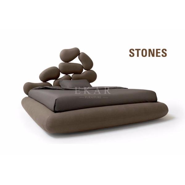 Wooden Frame Unique Shaped Upholstered Headboard Latest Double Bed Design